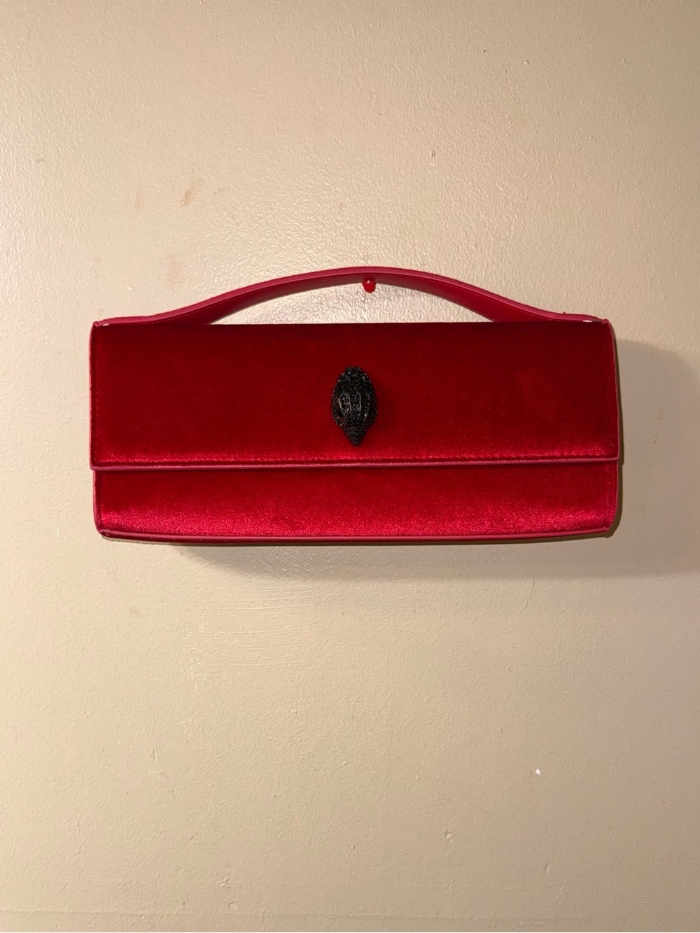 Kurt Geiger Red Velvet Top-Handle Clutch with Black Embellished Clasp